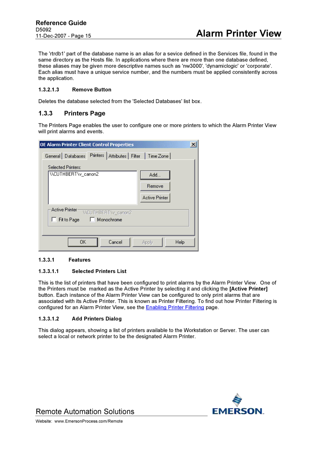 Emerson Process Management D5092 manual Remove Button, Features Selected Printers List, Add Printers Dialog 