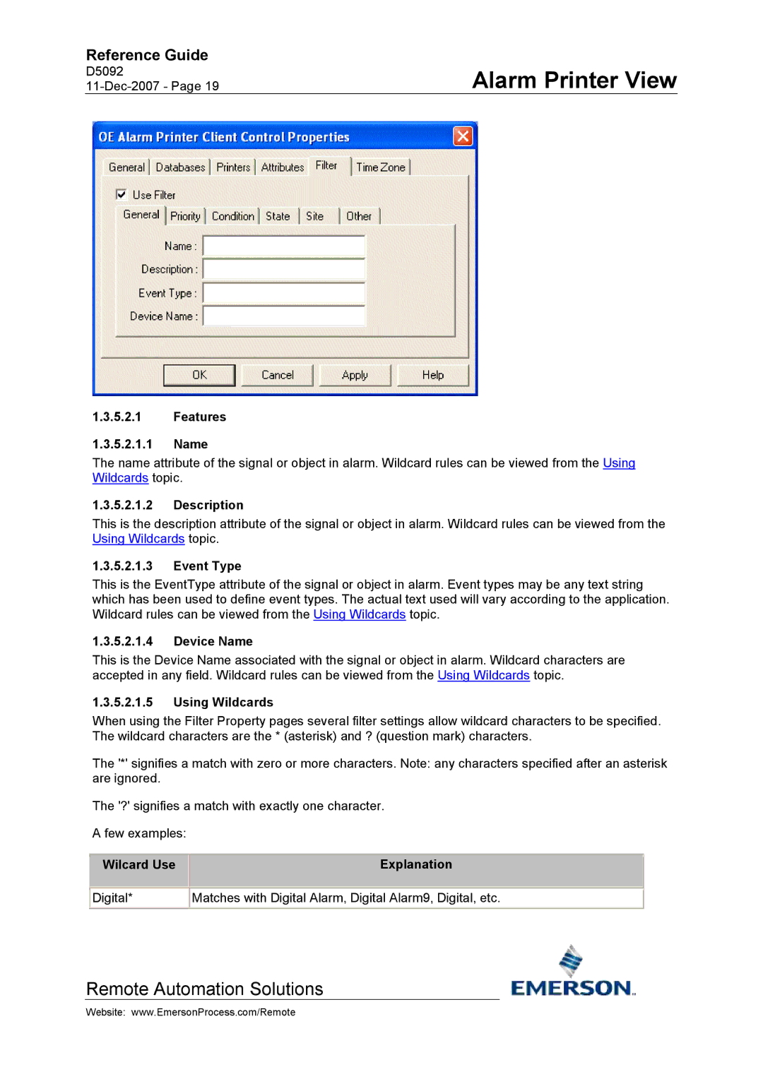 Emerson Process Management D5092 manual Features Name, Description, Event Type, Device Name, Using Wildcards 