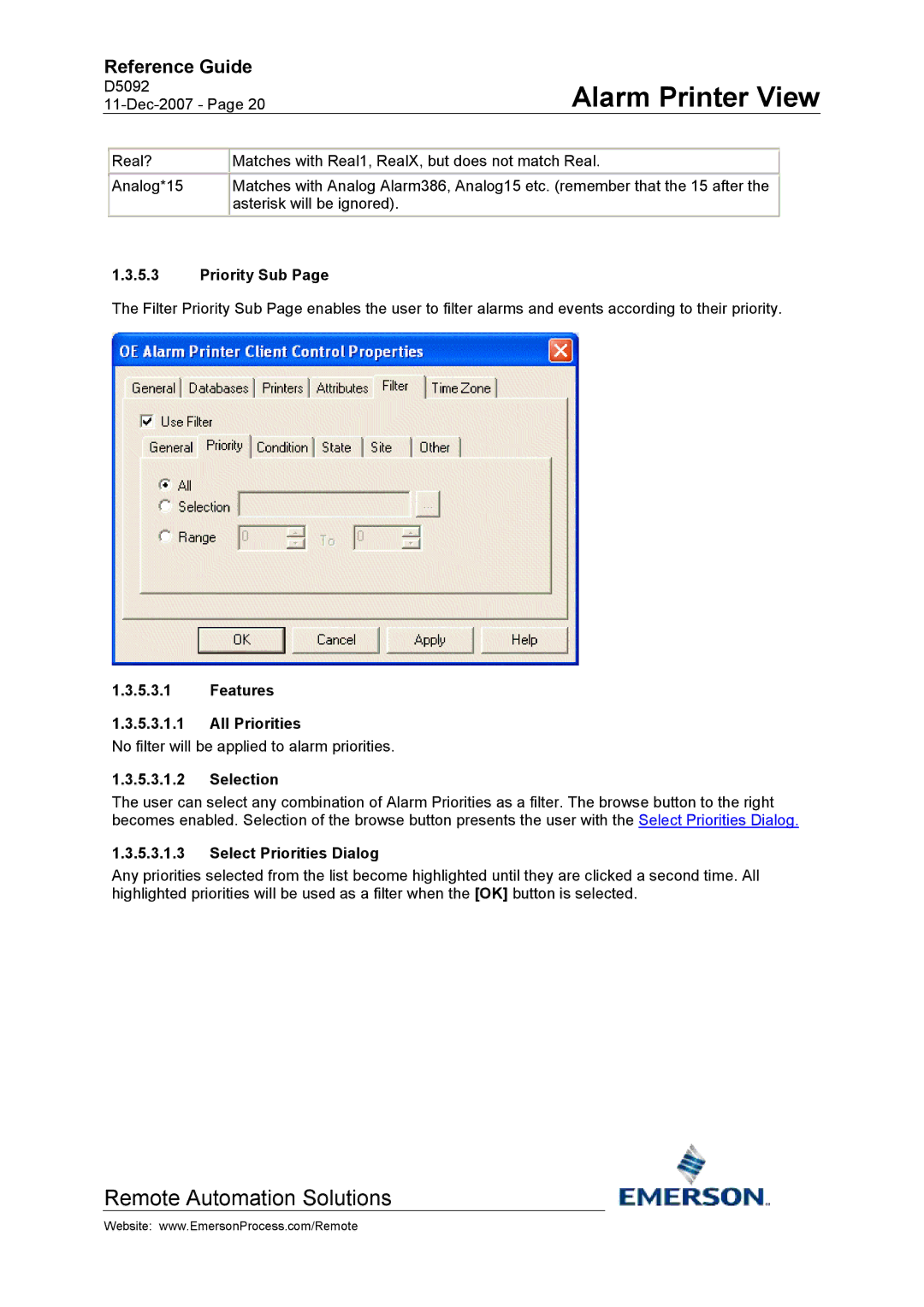 Emerson Process Management D5092 manual Priority Sub, Features All Priorities, Selection, Select Priorities Dialog 