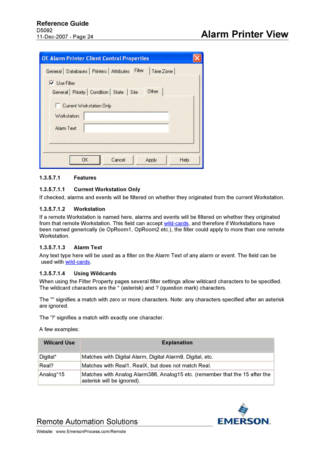 Emerson Process Management D5092 manual Features Current Workstation Only, Alarm Text, Wilcard Use Explanation 