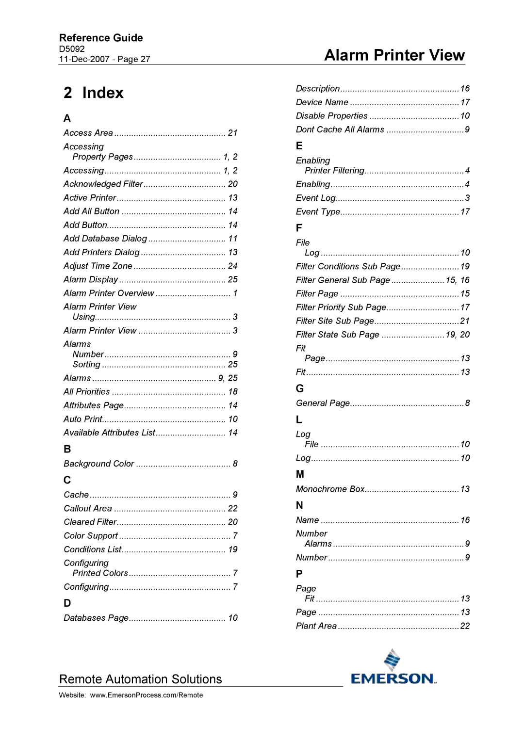 Emerson Process Management D5092 manual Index 