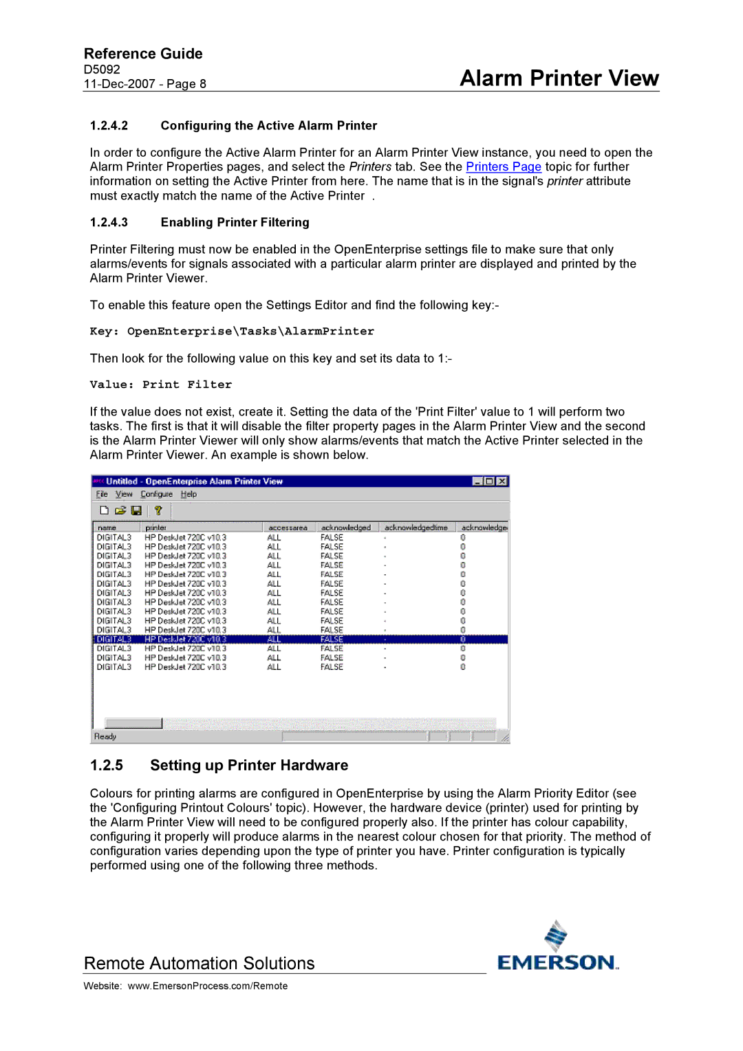 Emerson Process Management D5092 manual Setting up Printer Hardware, Configuring the Active Alarm Printer 