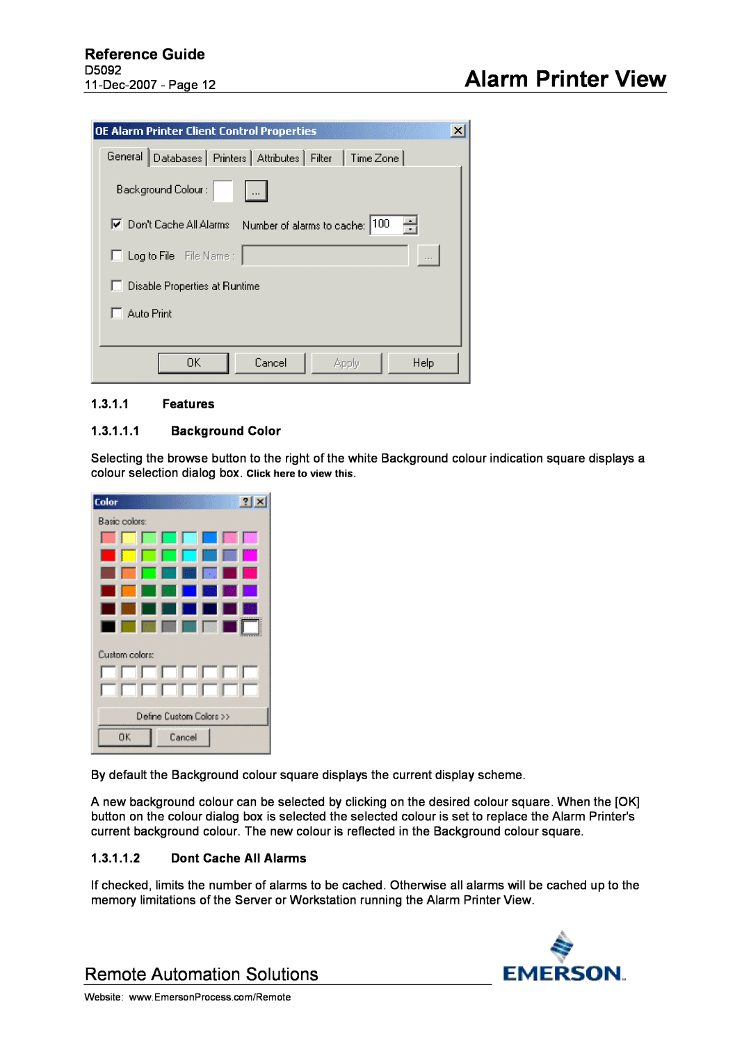 Emerson Process Management D5092 manual Features 1.3.1.1.1 Background Color, Dont Cache All Alarms, Alarm Printer View 