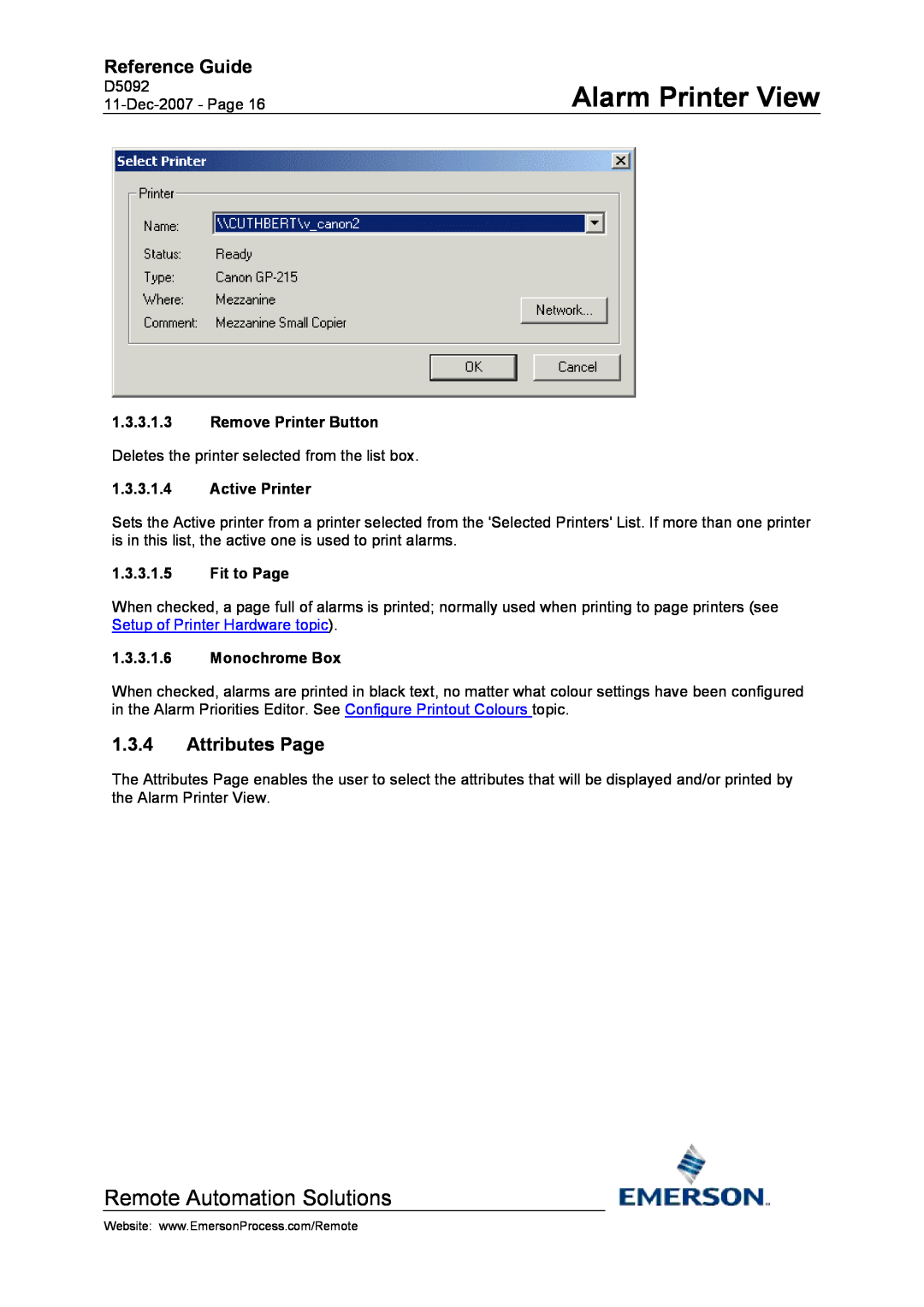 Emerson Process Management D5092 manual Attributes Page, Remove Printer Button, Active Printer, Fit to Page, Monochrome Box 