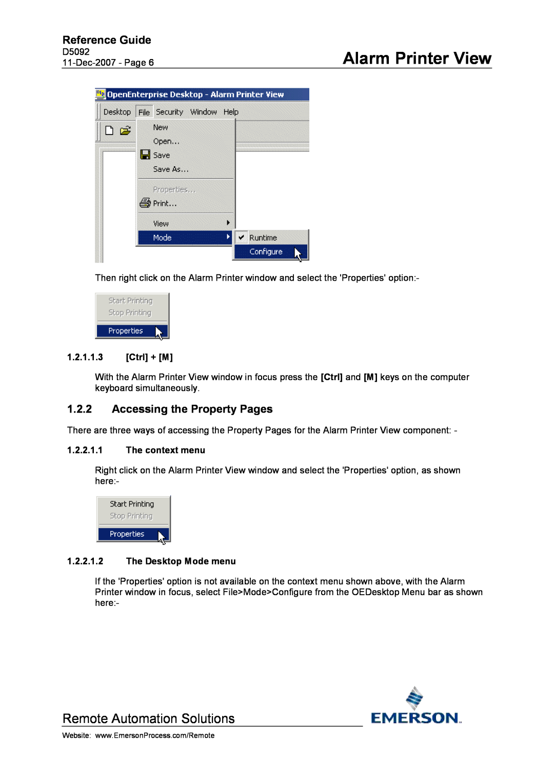 Emerson Process Management D5092 manual Accessing the Property Pages, Ctrl + M, The context menu, The Desktop Mode menu 