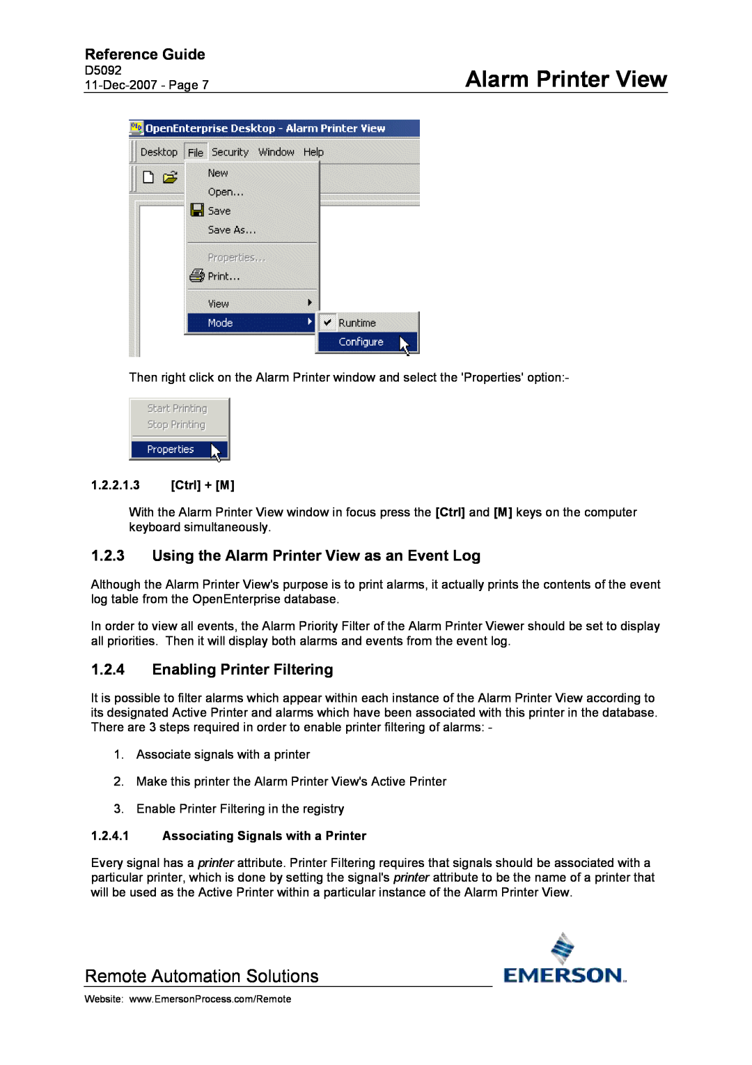 Emerson Process Management D5092 manual Using the Alarm Printer View as an Event Log, Enabling Printer Filtering, Ctrl + M 