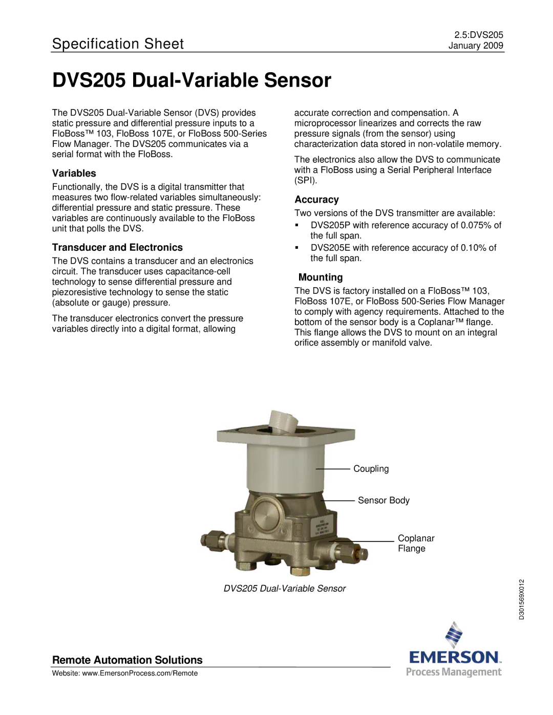 Emerson Process Management specifications 5DVS205, January, Two versions of the DVS transmitter are available 