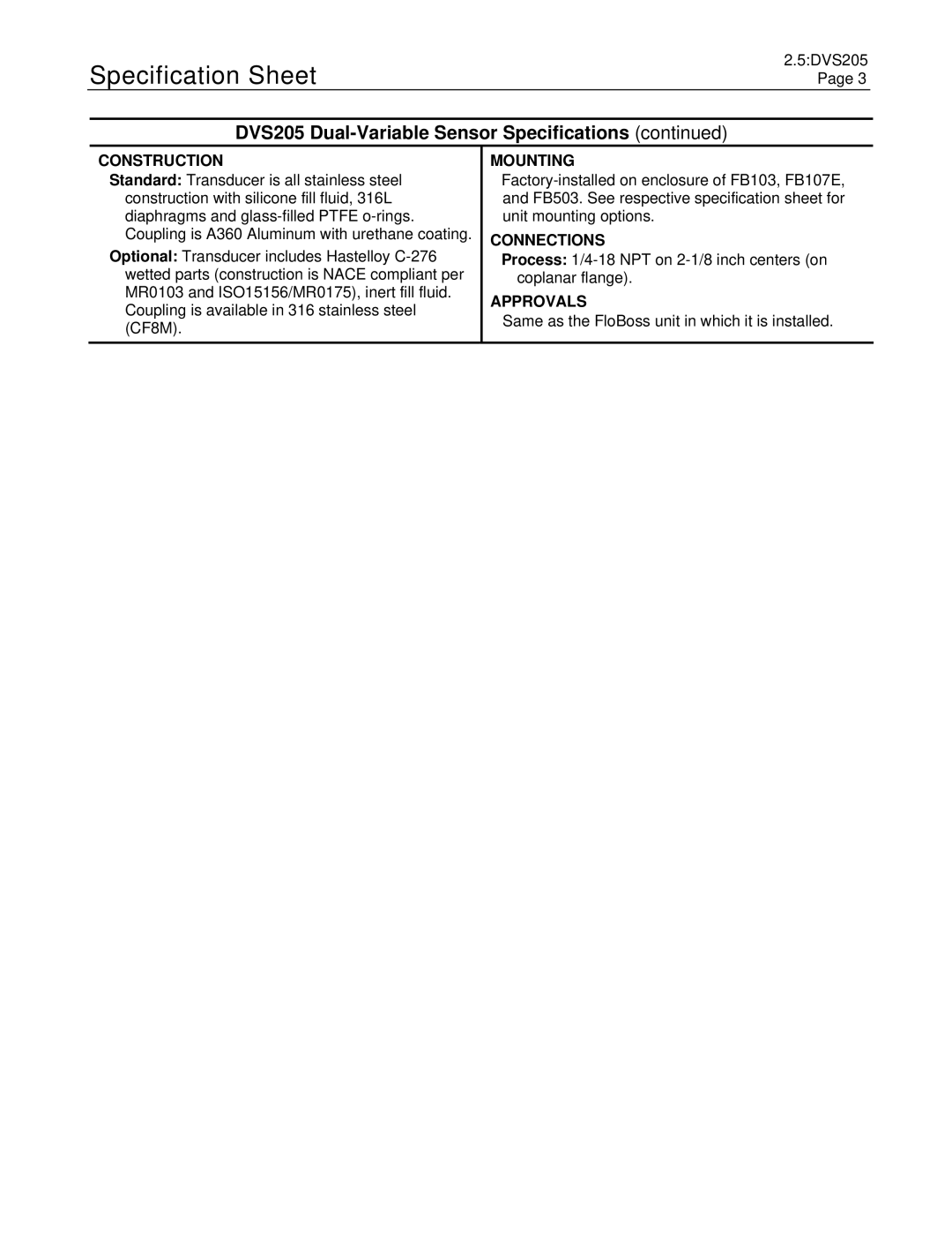 Emerson Process Management DVS205 specifications Construction, Mounting, Connections, Approvals 