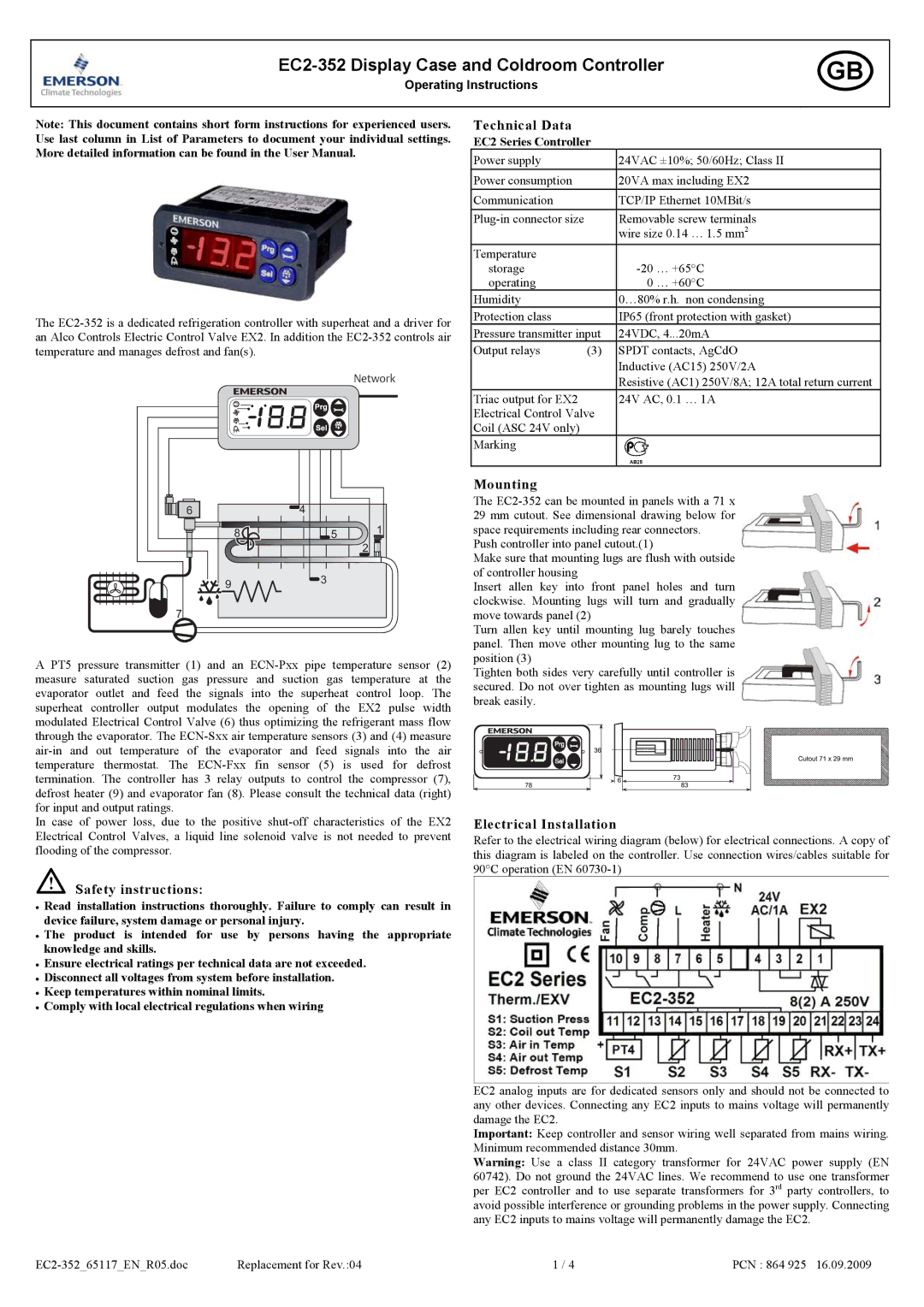 Emerson Process Management EC2-352 user manual Safety instructions, Technical Data, Mounting, Electrical Installation 