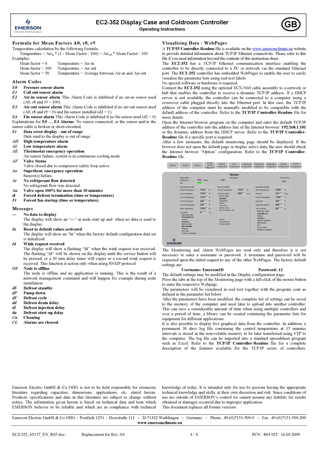 Emerson Process Management EC2-352 Formula for Mean Factors A0, r8, r9, Alarm Codes, Messages, Visualising Data WebPages 