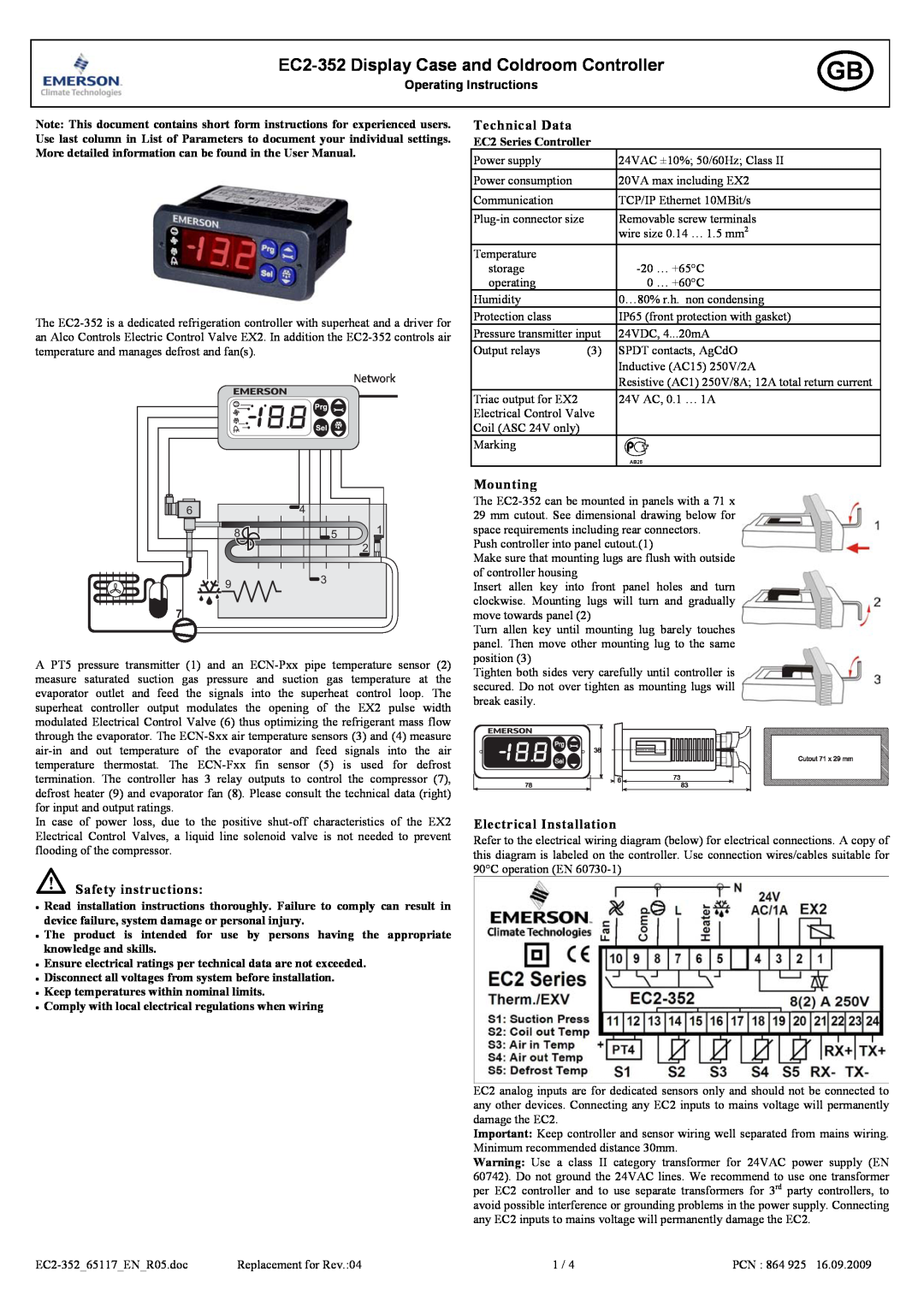 Emerson Process Management user manual EC2-352 Display Case and Coldroom Controller, Safety instructions, Mounting 