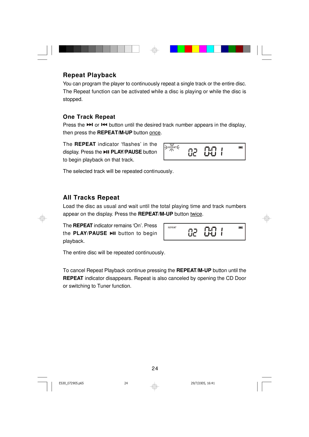 Emerson Process Management ES30 owner manual Repeat Playback, All Tracks Repeat, One Track Repeat 