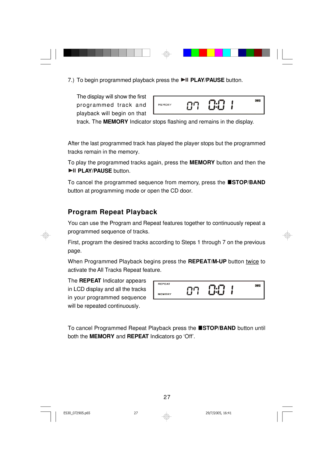 Emerson Process Management ES30 owner manual Program Repeat Playback, PLAY/PAUSE button 