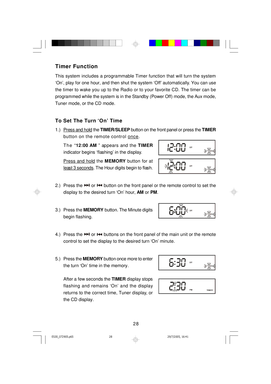 Emerson Process Management ES30 owner manual Timer Function, To Set The Turn ‘On’ Time 