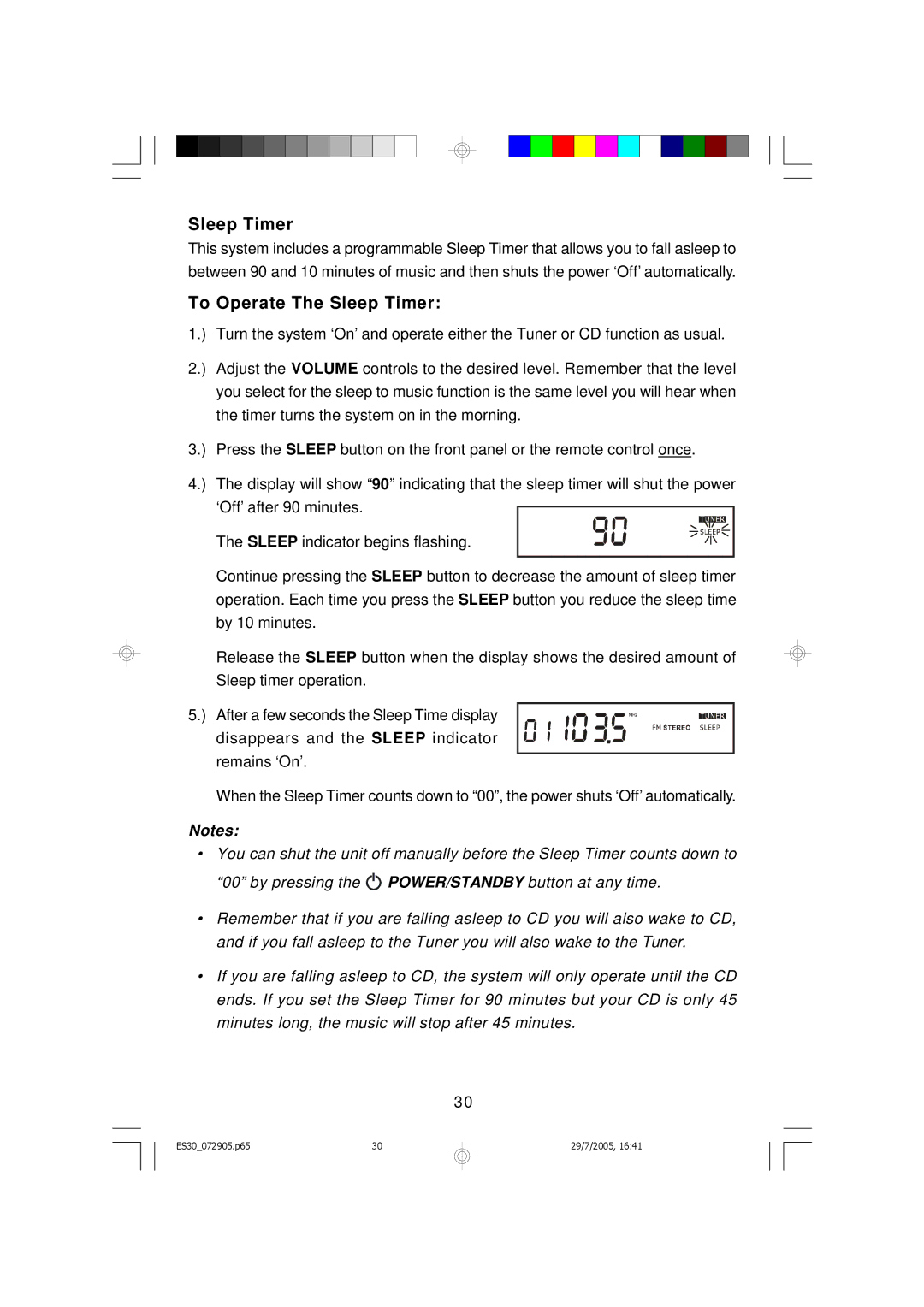 Emerson Process Management ES30 owner manual To Operate The Sleep Timer 