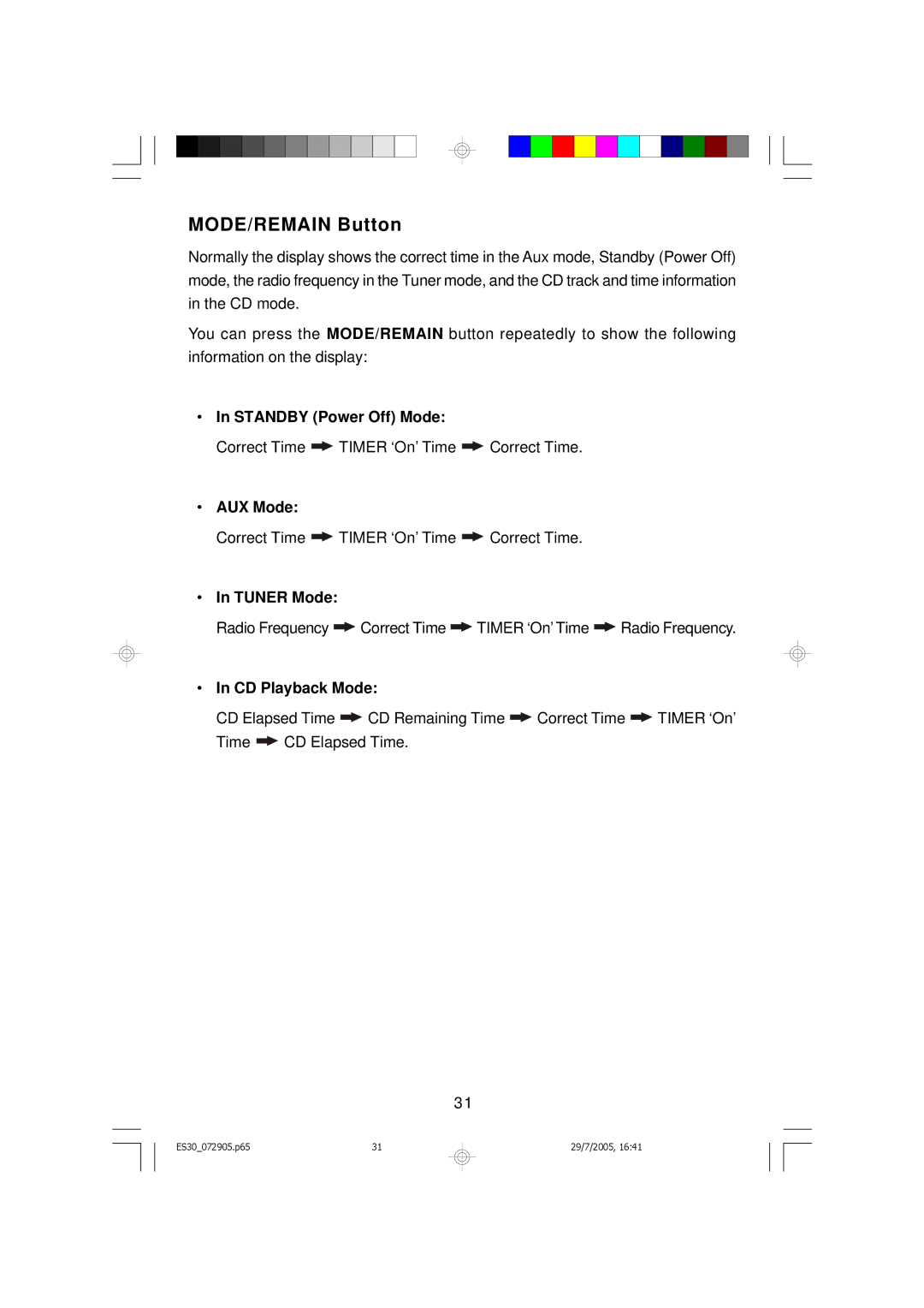 Emerson Process Management ES30 owner manual MODE/REMAIN Button, CD Playback Mode 