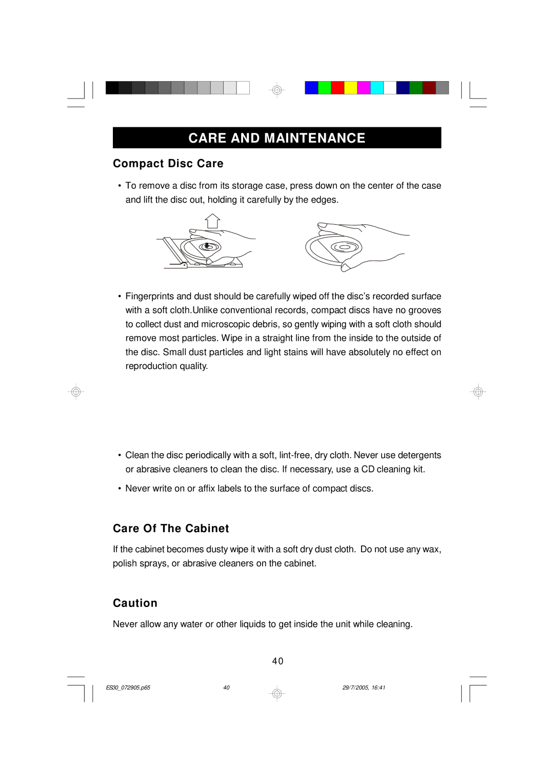 Emerson Process Management ES30 owner manual Care and Maintenance, Compact Disc Care, Care Of The Cabinet 