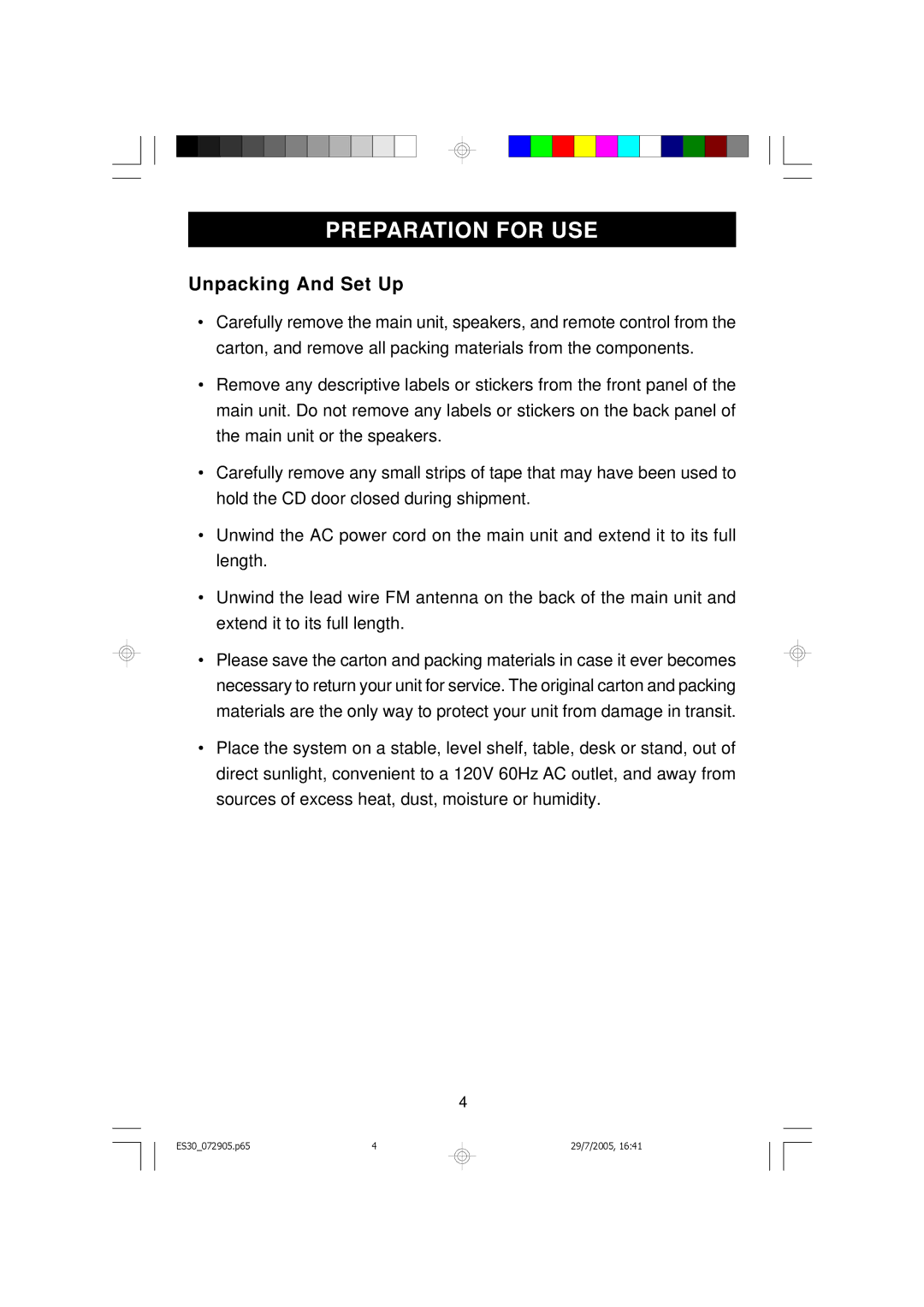 Emerson Process Management ES30 owner manual Preparation for USE, Unpacking And Set Up 