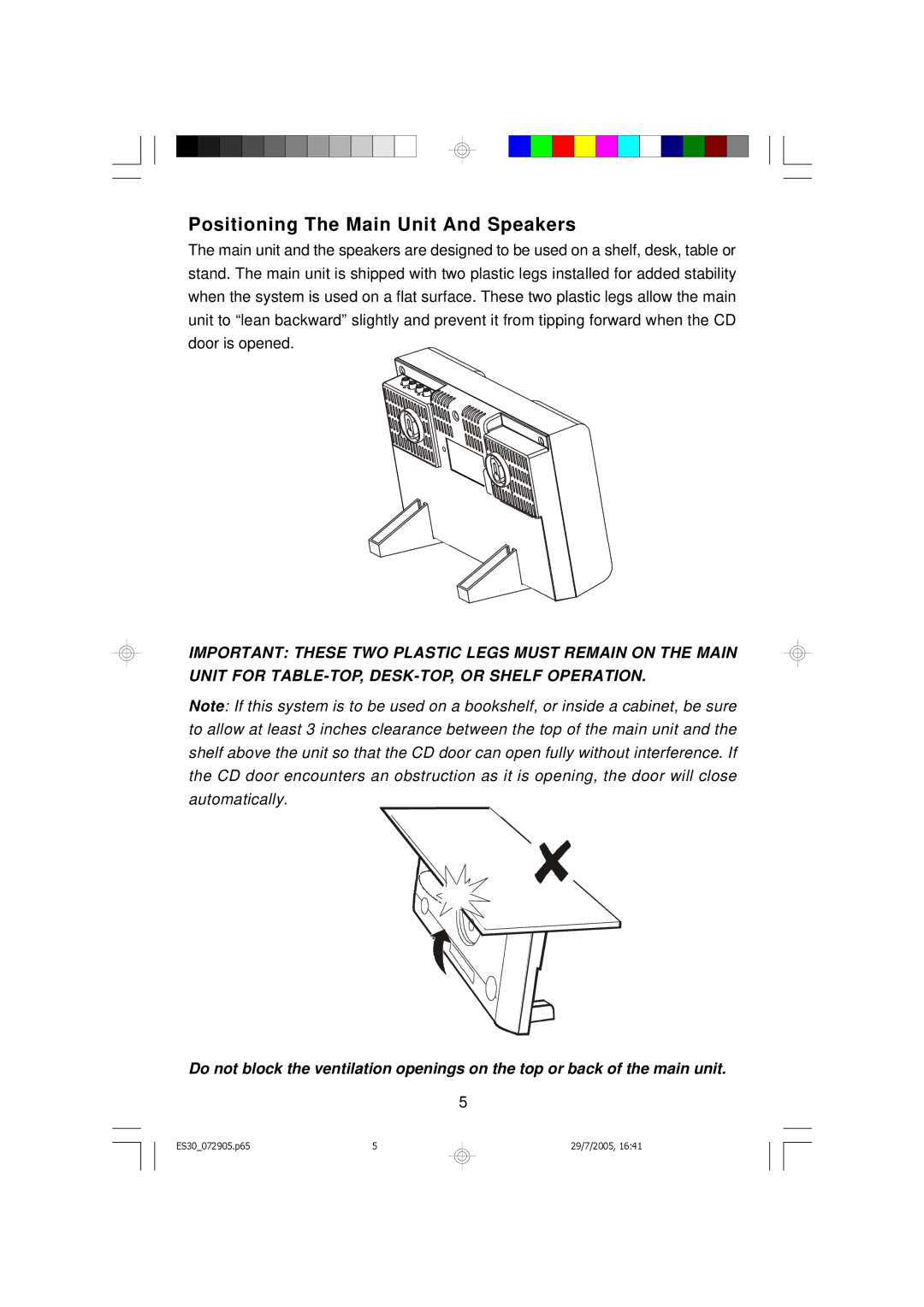 Emerson Process Management ES30 owner manual Positioning The Main Unit And Speakers 