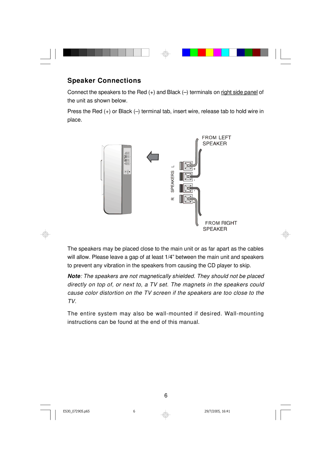 Emerson Process Management ES30 owner manual Speaker Connections 