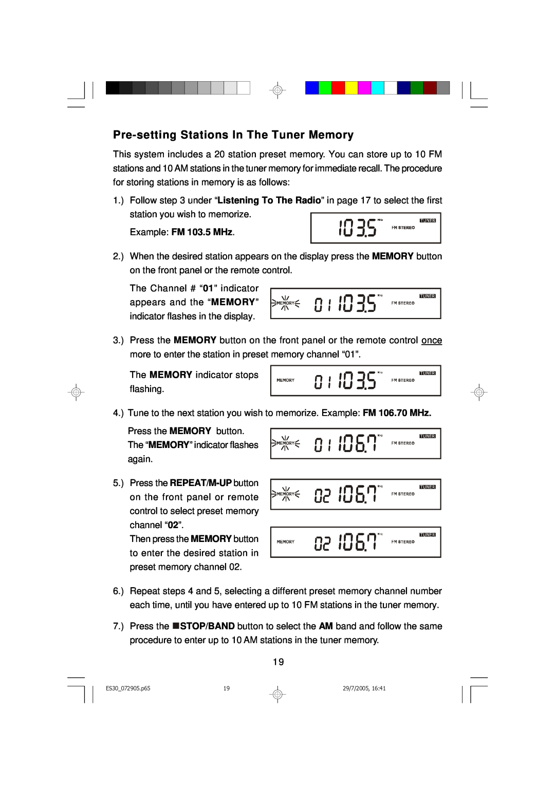 Emerson Process Management ES30 owner manual Pre-settingStations In The Tuner Memory, Example: FM 103.5 MHz 