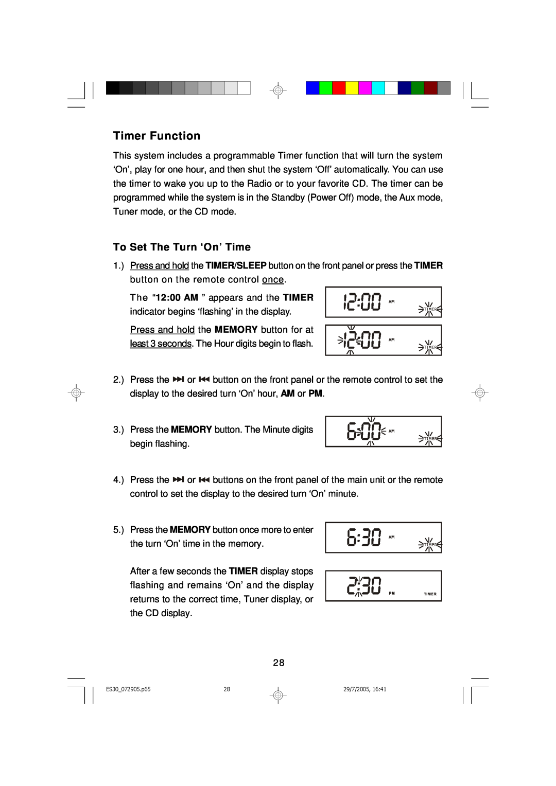 Emerson Process Management ES30 owner manual Timer Function, To Set The Turn ‘On’ Time 
