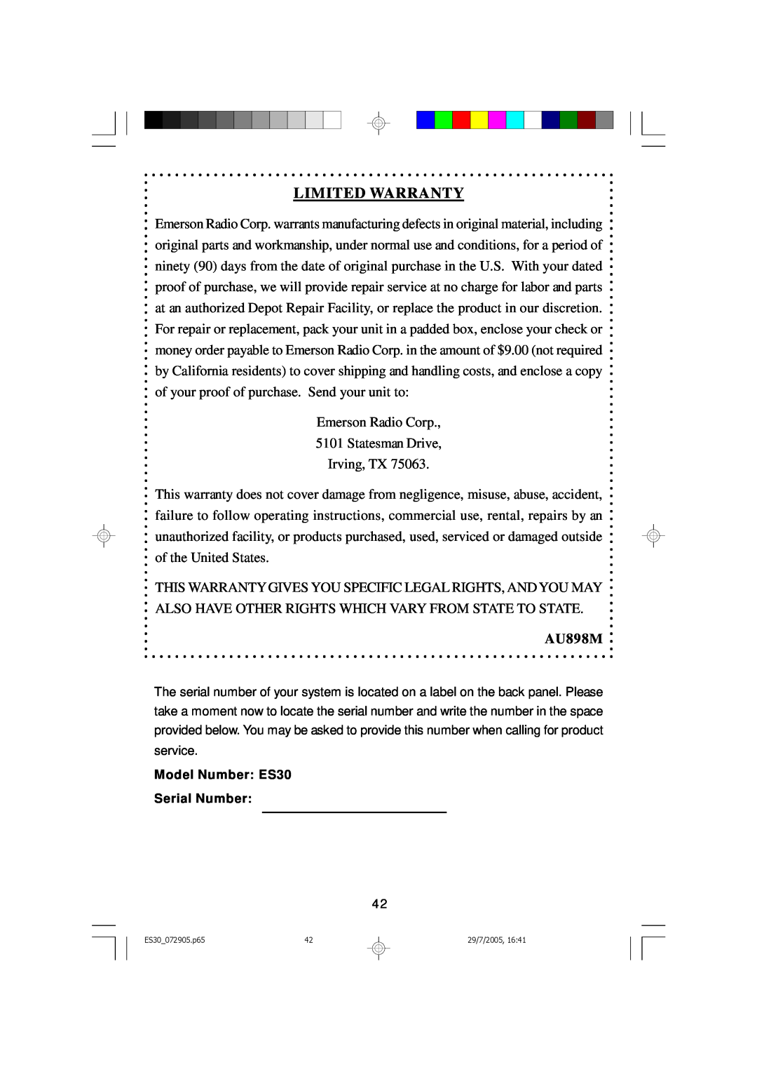 Emerson Process Management ES30 owner manual Limited Warranty, AU898M 