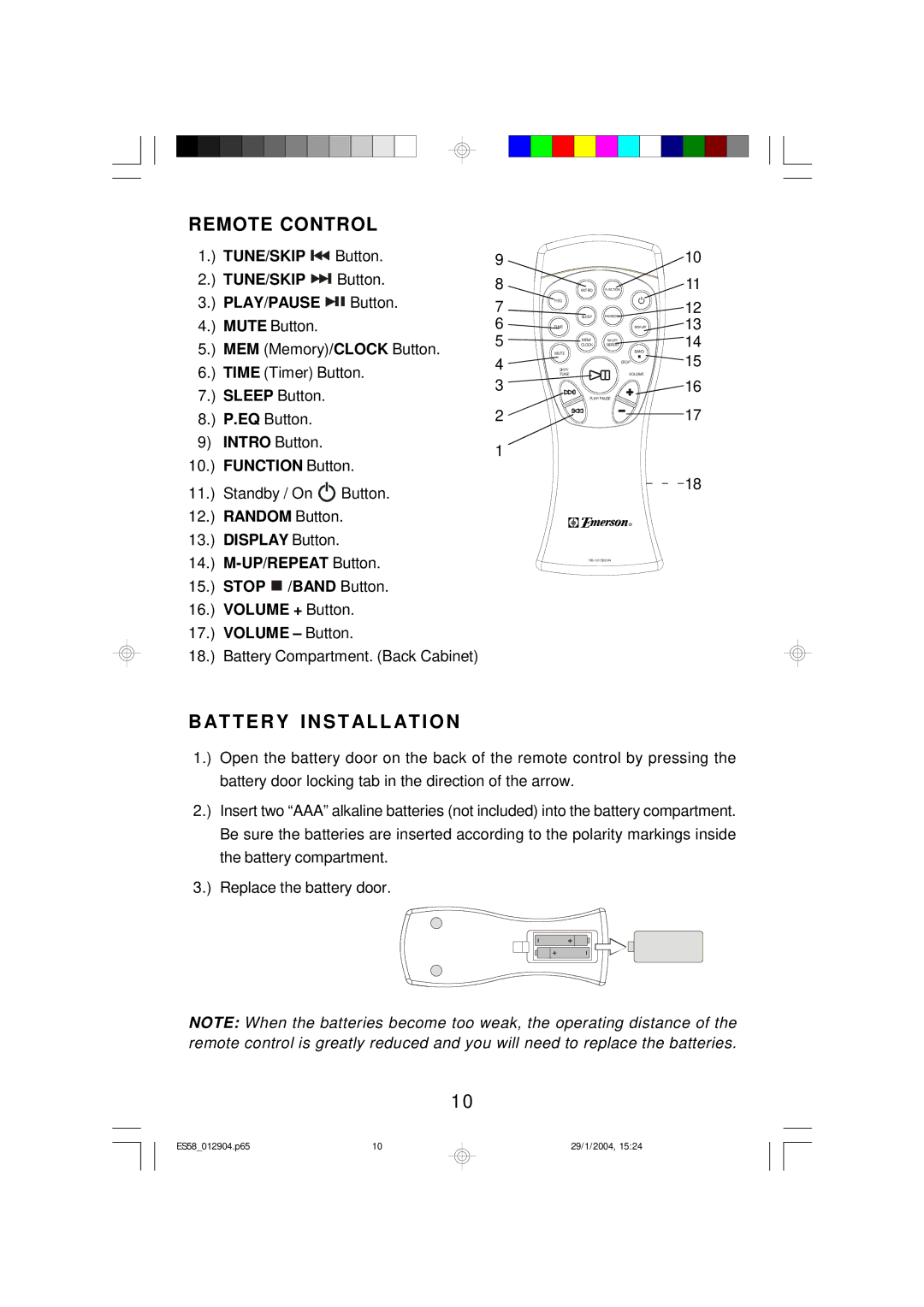 Emerson Process Management ES58 owner manual Remote Control, Batte RY Installatio N 