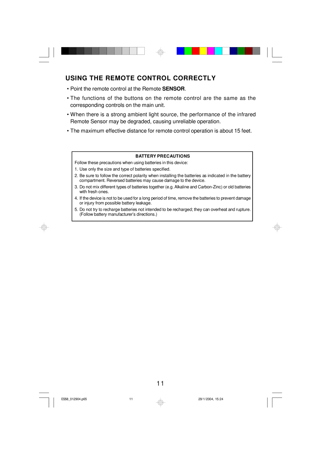 Emerson Process Management ES58 owner manual Using the Remote Control Correctly, Battery Precautions 