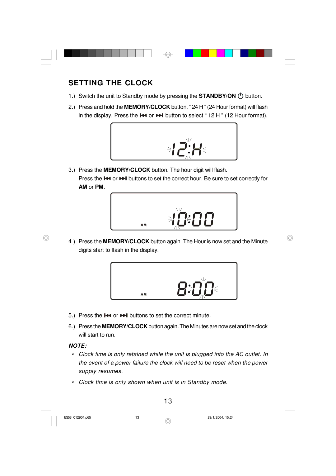 Emerson Process Management ES58 owner manual Setting the Clock, AM or PM 