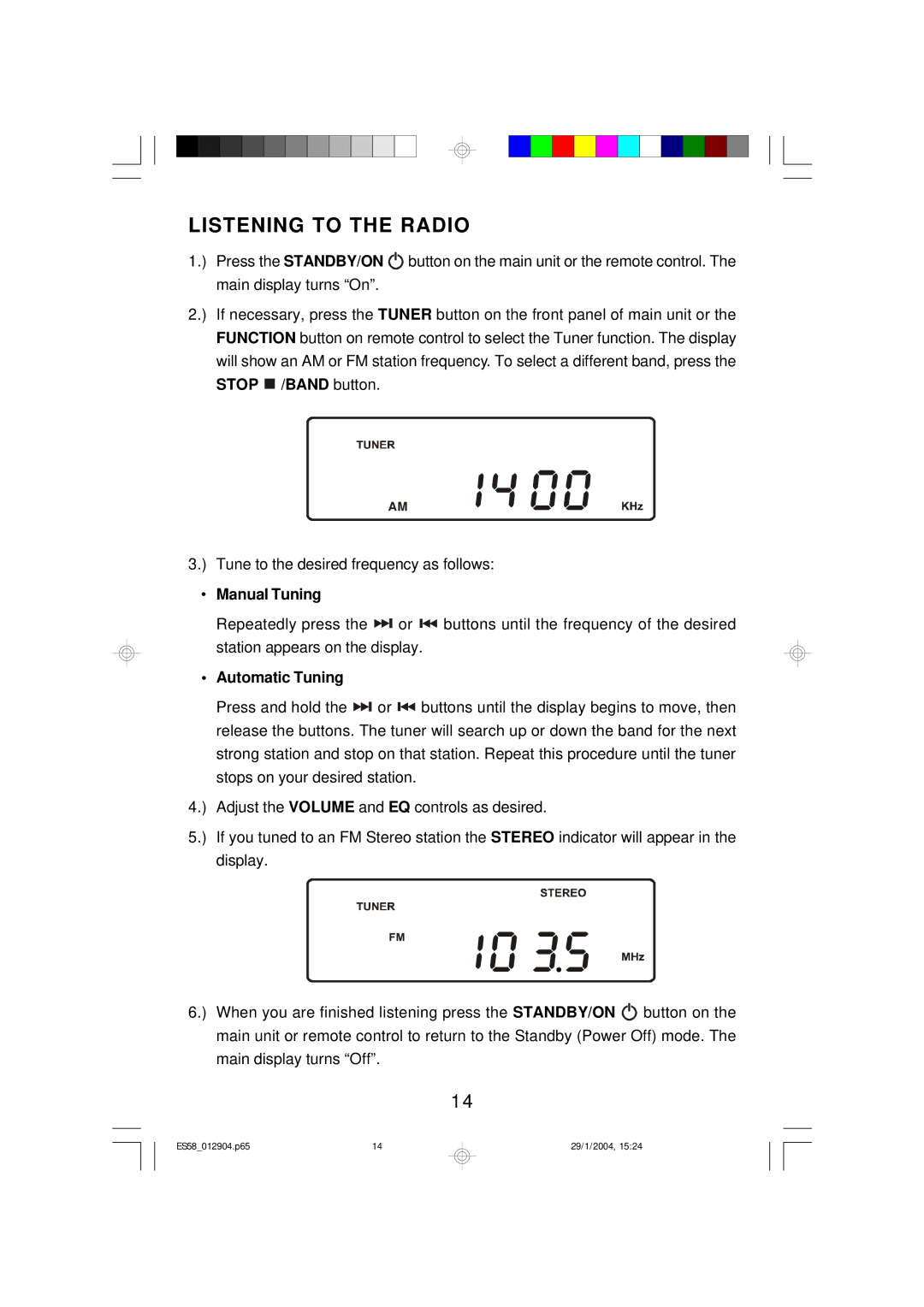 Emerson Process Management ES58 owner manual Listening to the Radio, Manual Tuning 