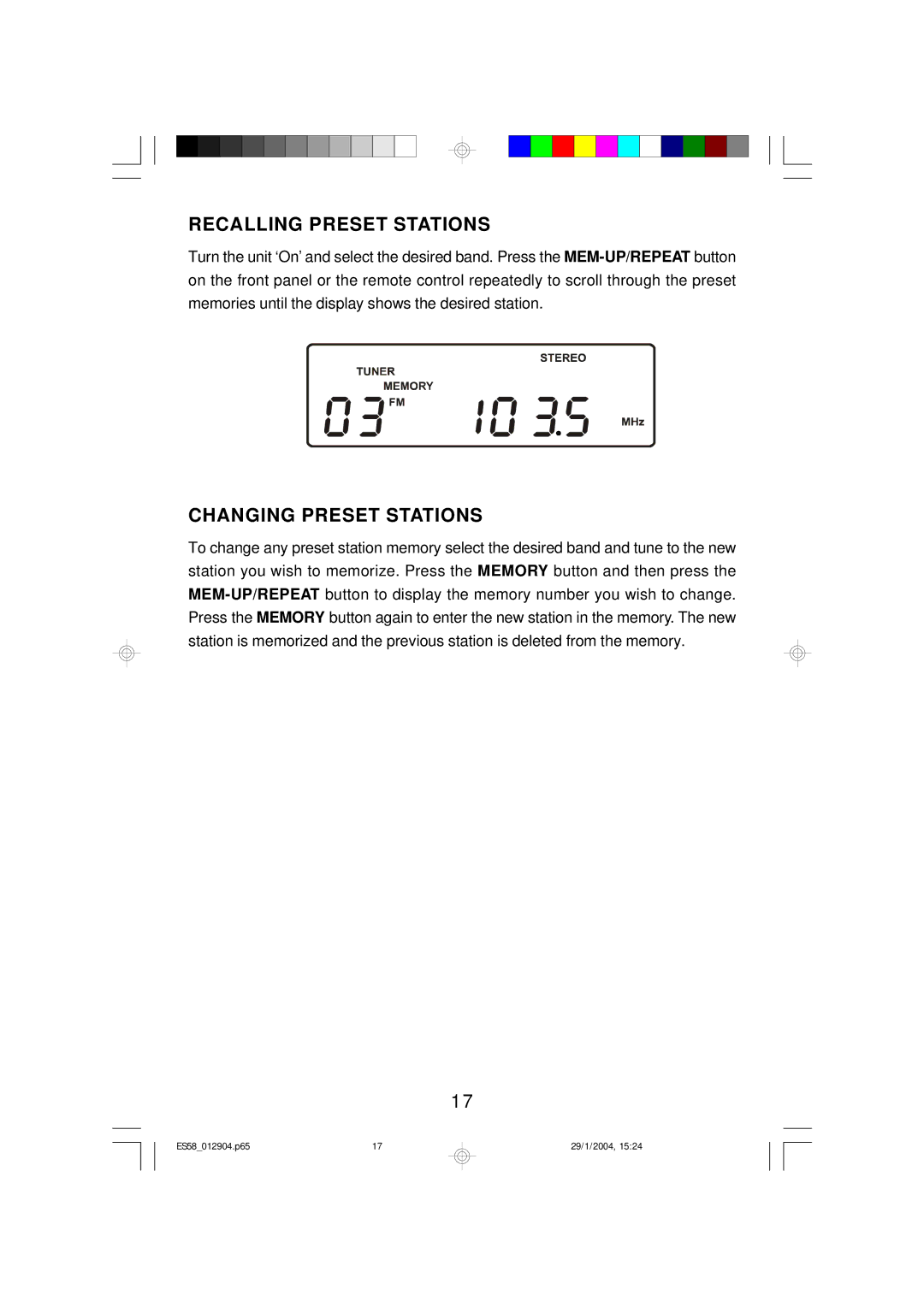 Emerson Process Management ES58 owner manual Recalling Preset Stations, Changing Preset Stations 