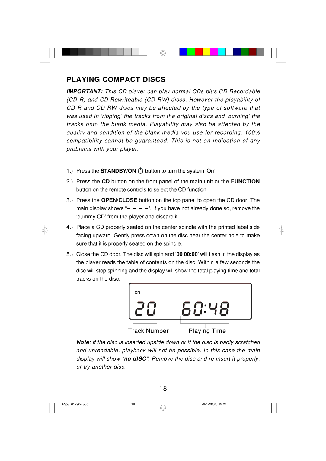 Emerson Process Management ES58 owner manual Playing Compact Discs, Track Number Playing Time 