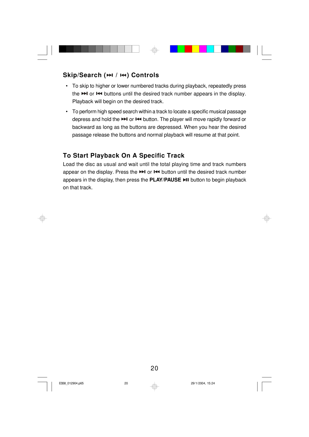 Emerson Process Management ES58 owner manual Skip/Search / Controls, To Start Playback On a Specific Track 