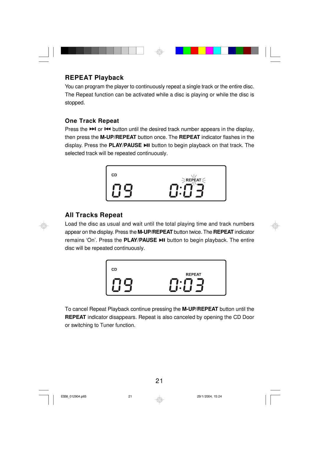 Emerson Process Management ES58 owner manual Repeat Playback, All Tracks Repeat, One Track Repeat 