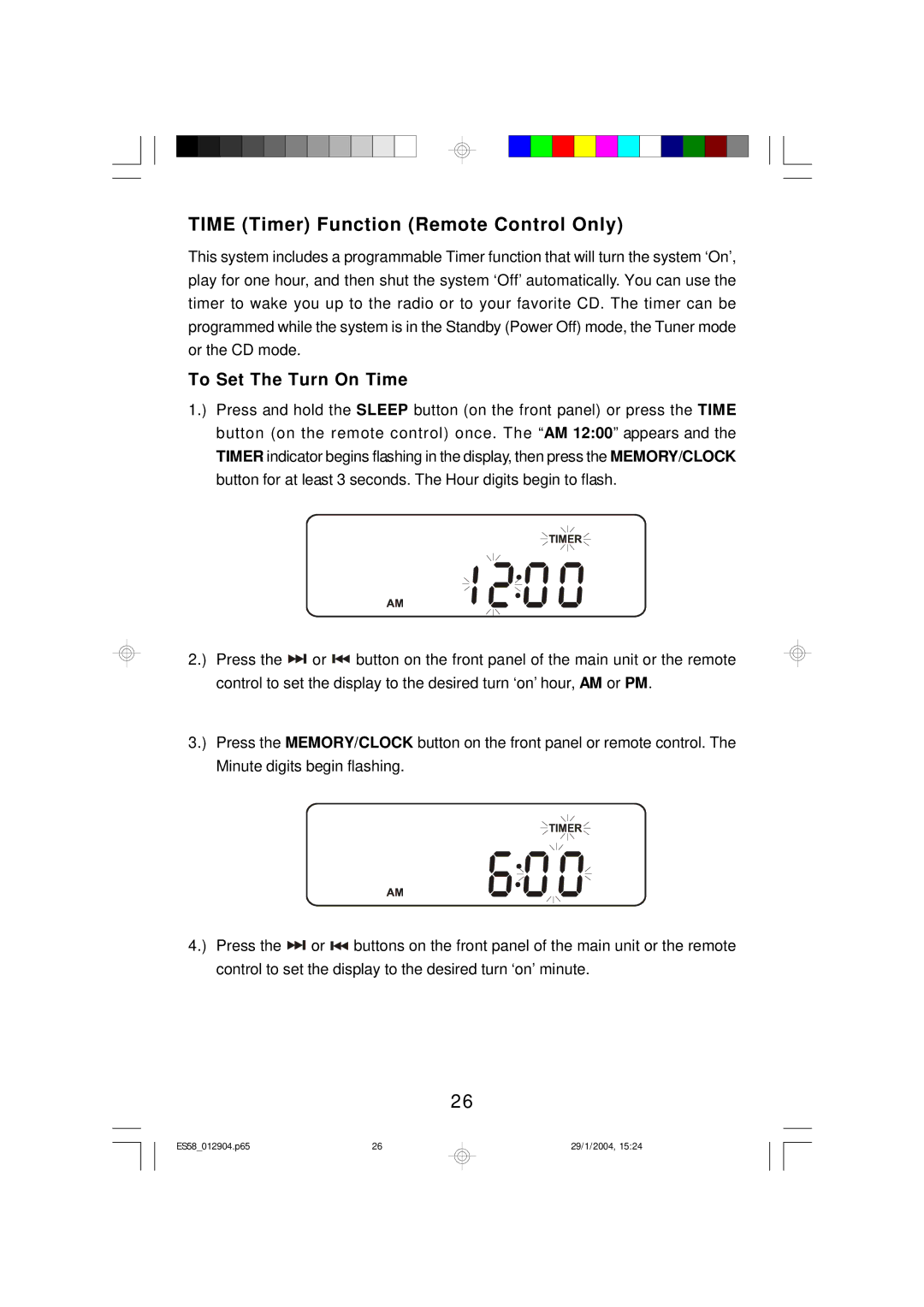 Emerson Process Management ES58 owner manual Time Timer Function Remote Control Only, To Set The Turn On Time 