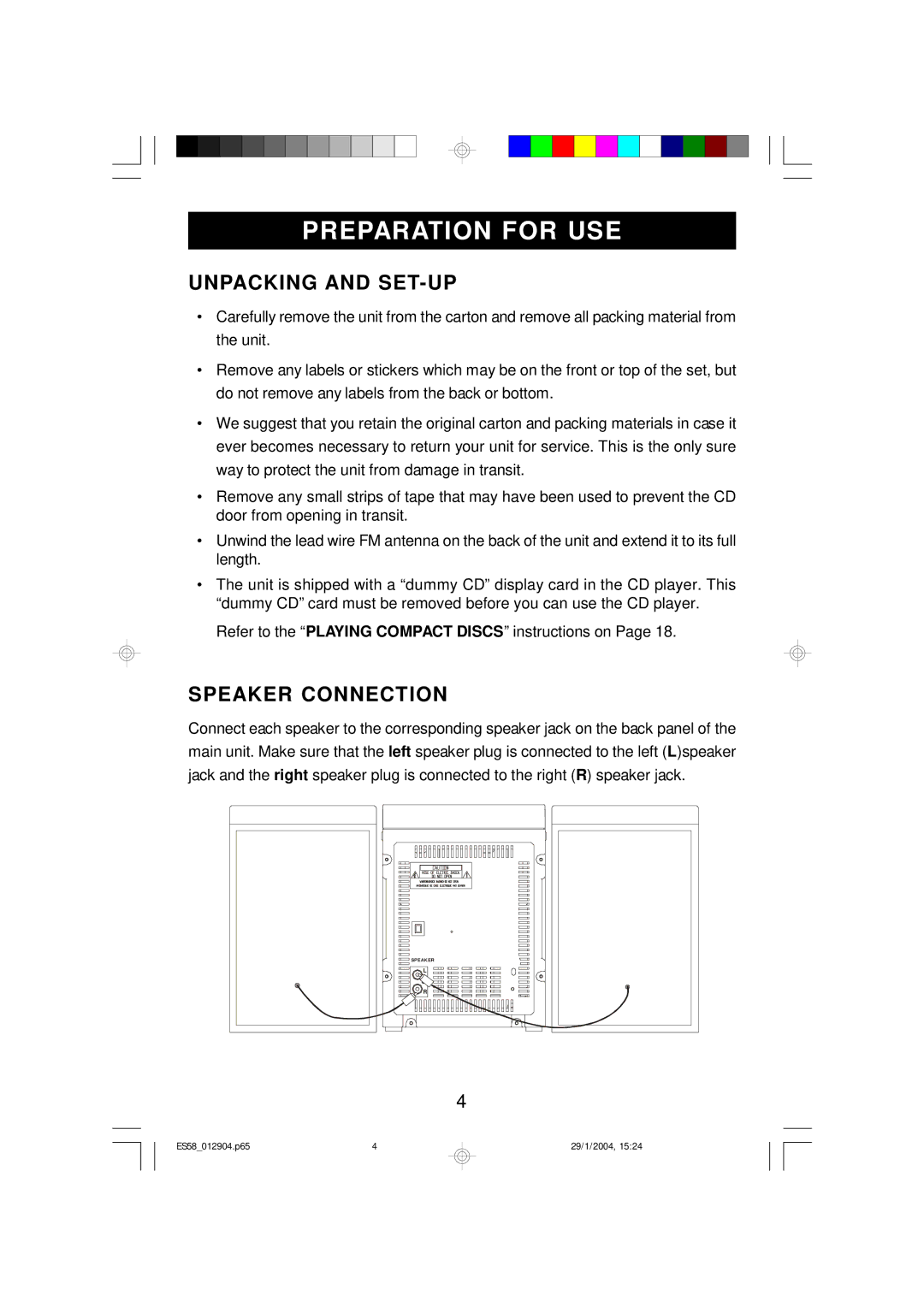 Emerson Process Management ES58 owner manual Unpacking and SET-UP, Speaker Connection 