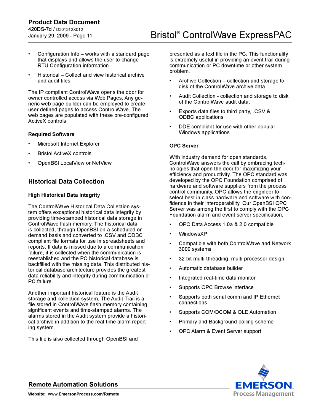 Emerson Process Management ExpressPAC manual Historical Data Collection, Required Software, High Historical Data Integrity 