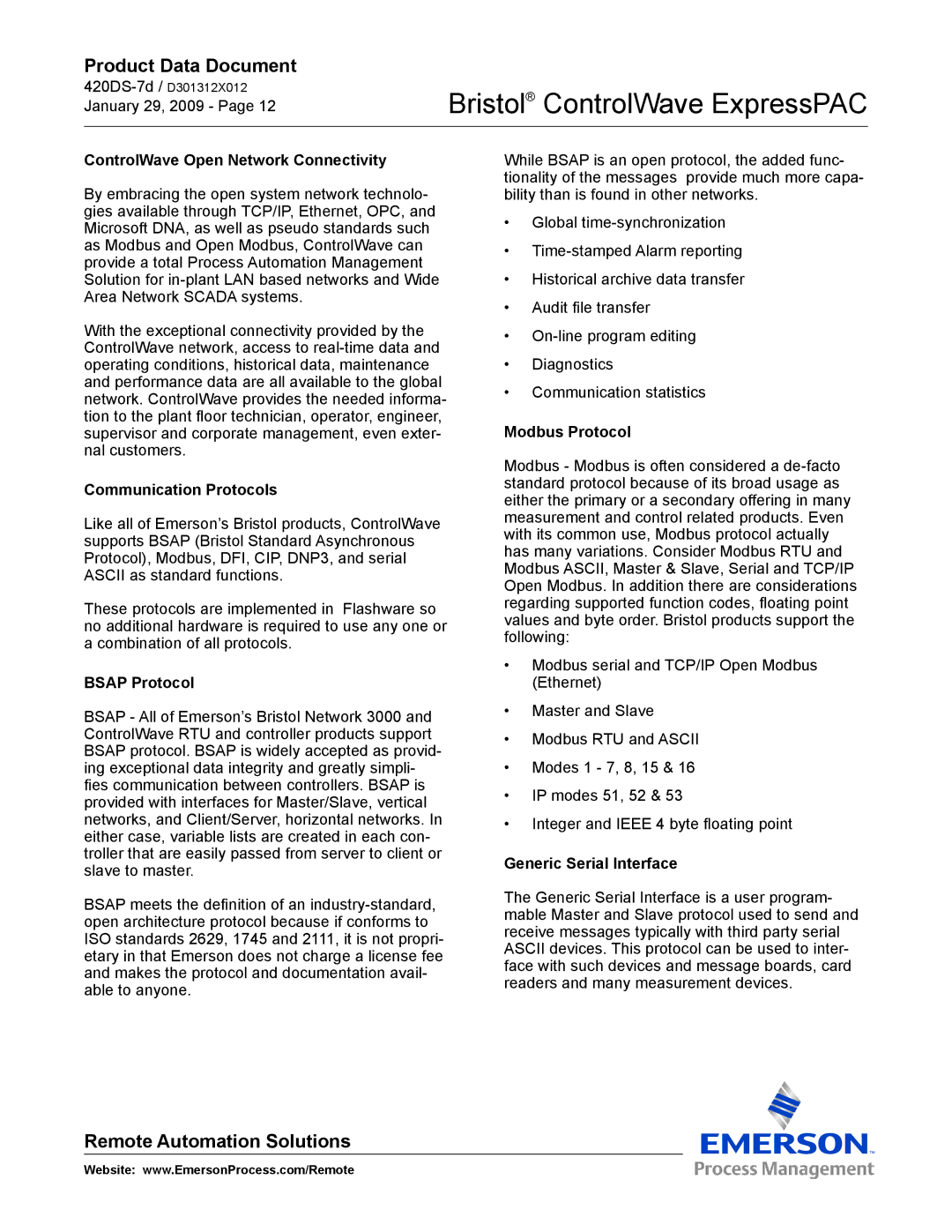 Emerson Process Management ExpressPAC manual ControlWave Open Network Connectivity, Communication Protocols, Bsap Protocol 