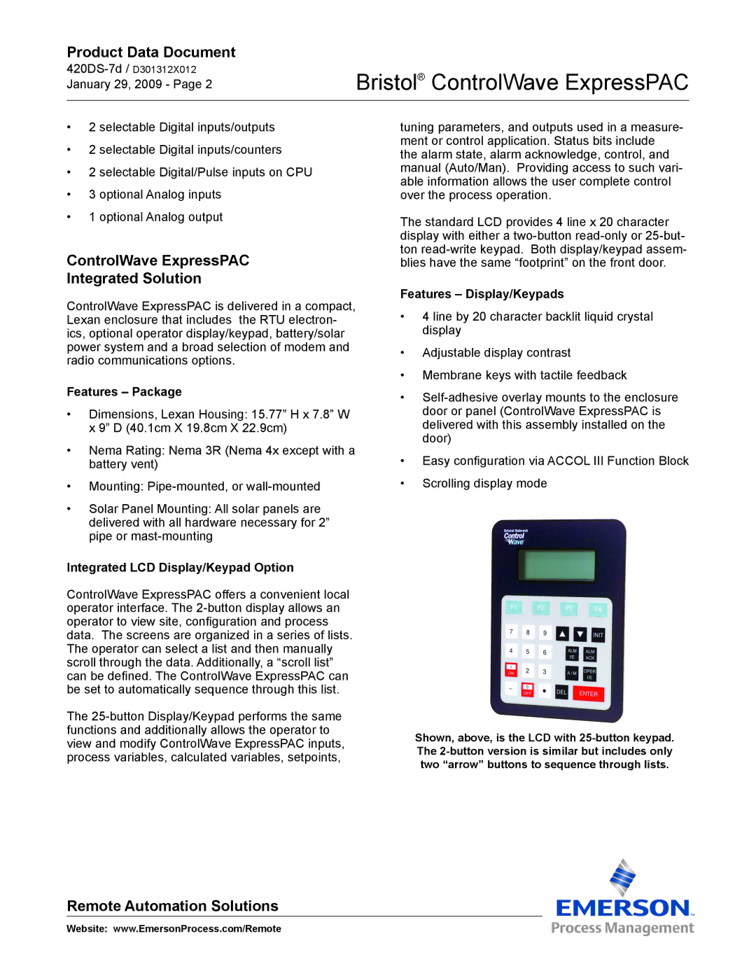 Emerson Process Management manual ControlWave ExpressPAC Integrated Solution, Features Display/Keypads, Features Package 