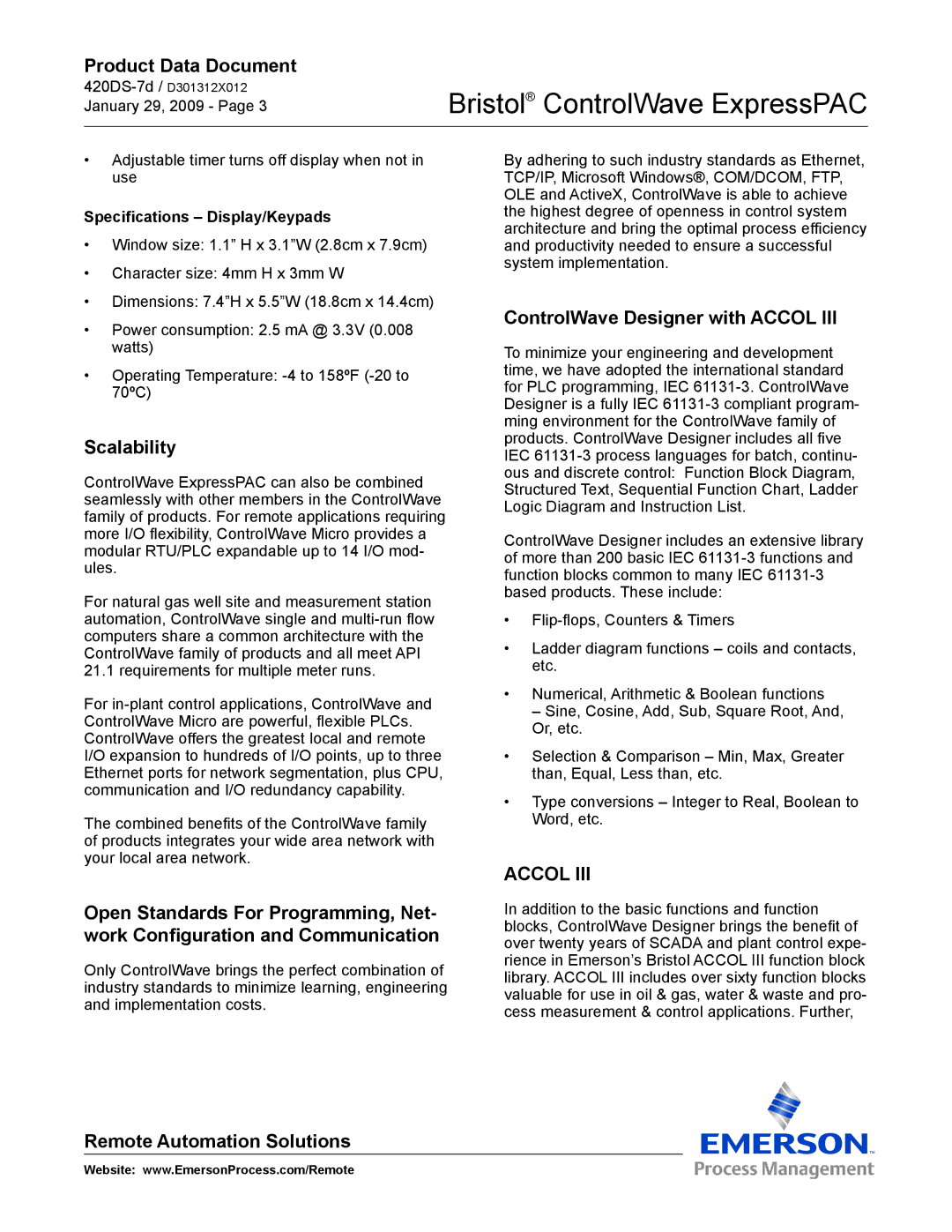 Emerson Process Management ExpressPAC manual Scalability, ControlWave Designer with Accol, Specifications Display/Keypads 