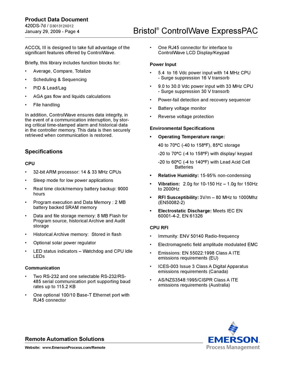 Emerson Process Management ExpressPAC manual Specifications, Communication, Power Input 