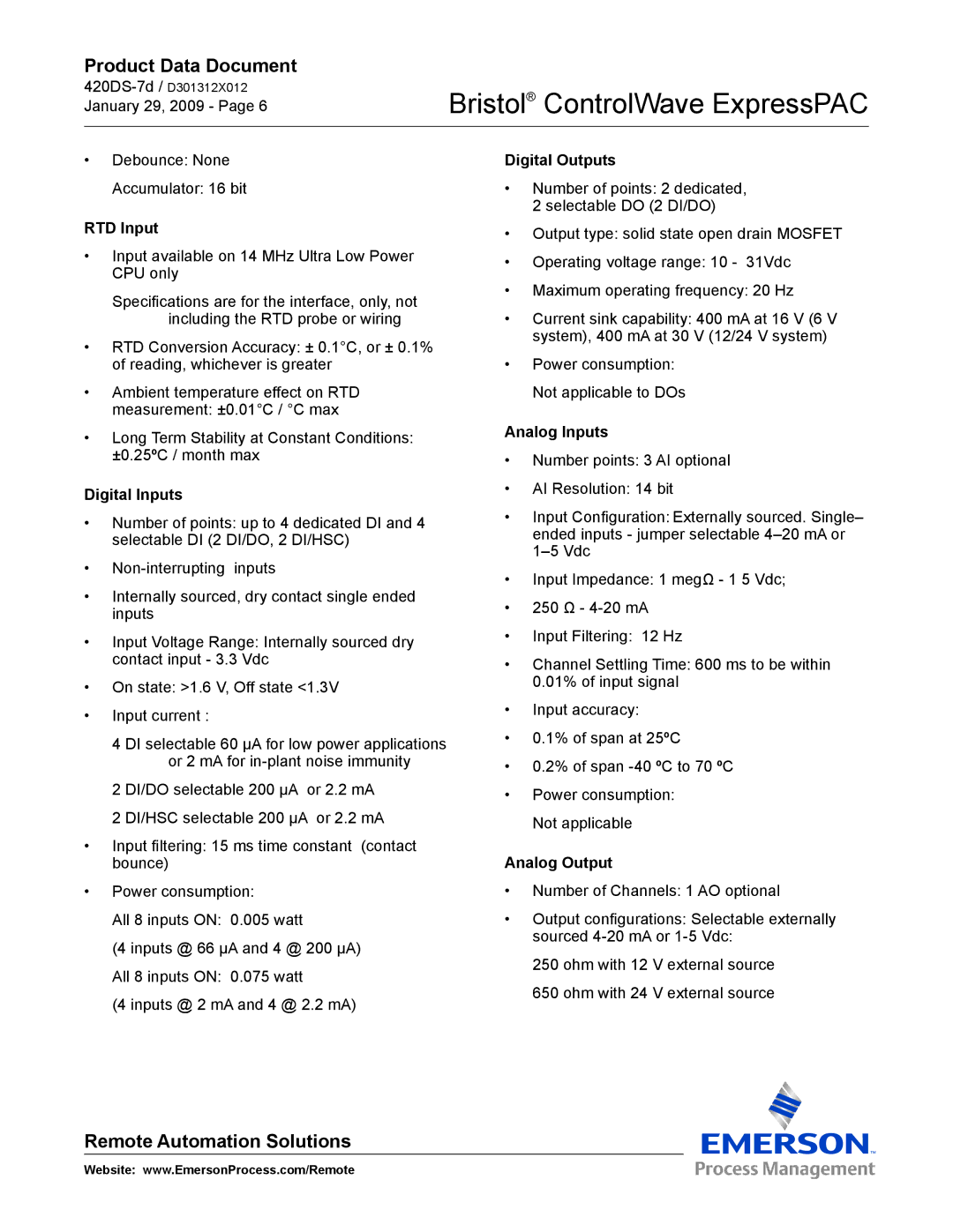 Emerson Process Management ExpressPAC manual Digital Outputs, RTD Input, Digital Inputs, Analog Inputs, Analog Output 