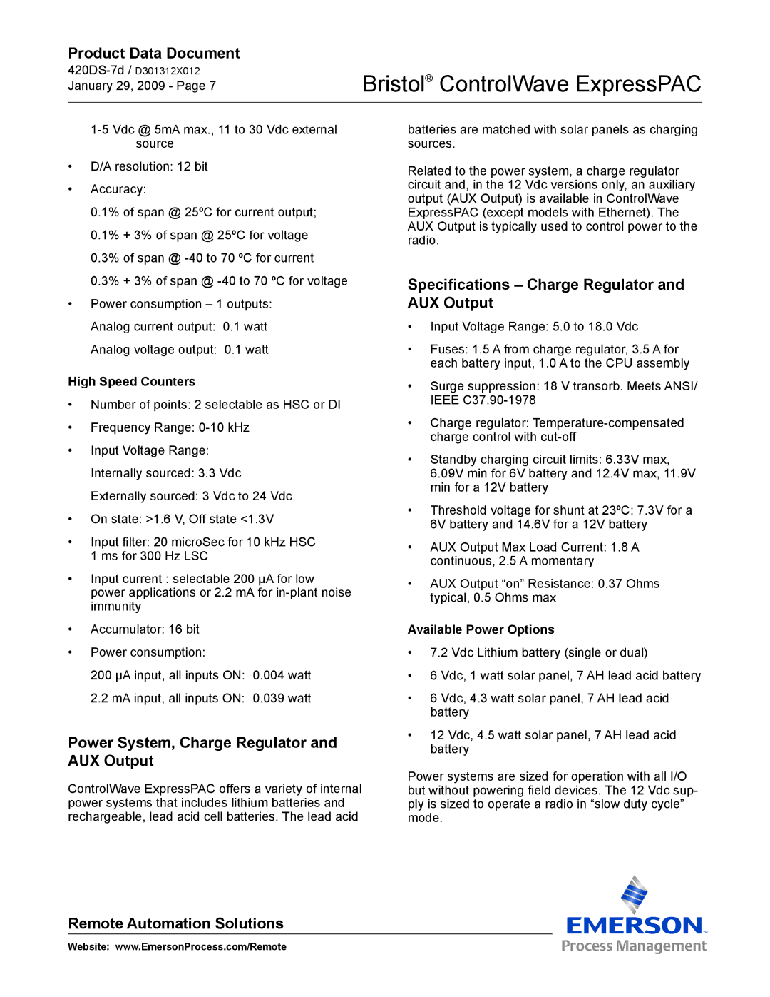 Emerson Process Management ExpressPAC manual Power System, Charge Regulator and AUX Output, High Speed Counters 