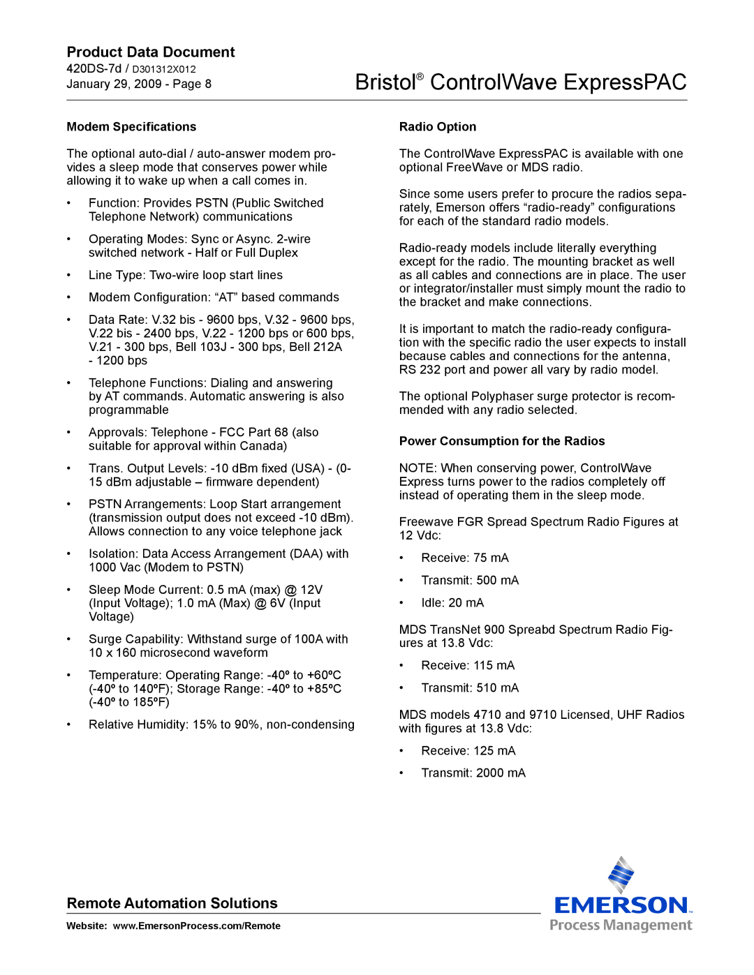 Emerson Process Management ExpressPAC manual Modem Specifications, Radio Option, Power Consumption for the Radios 