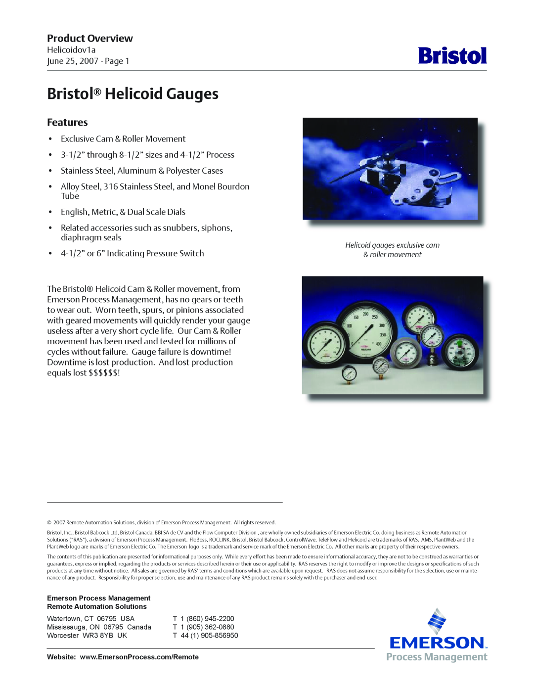 Emerson Process Management manual Bristol Helicoid Gauges, Product Overview, Features 