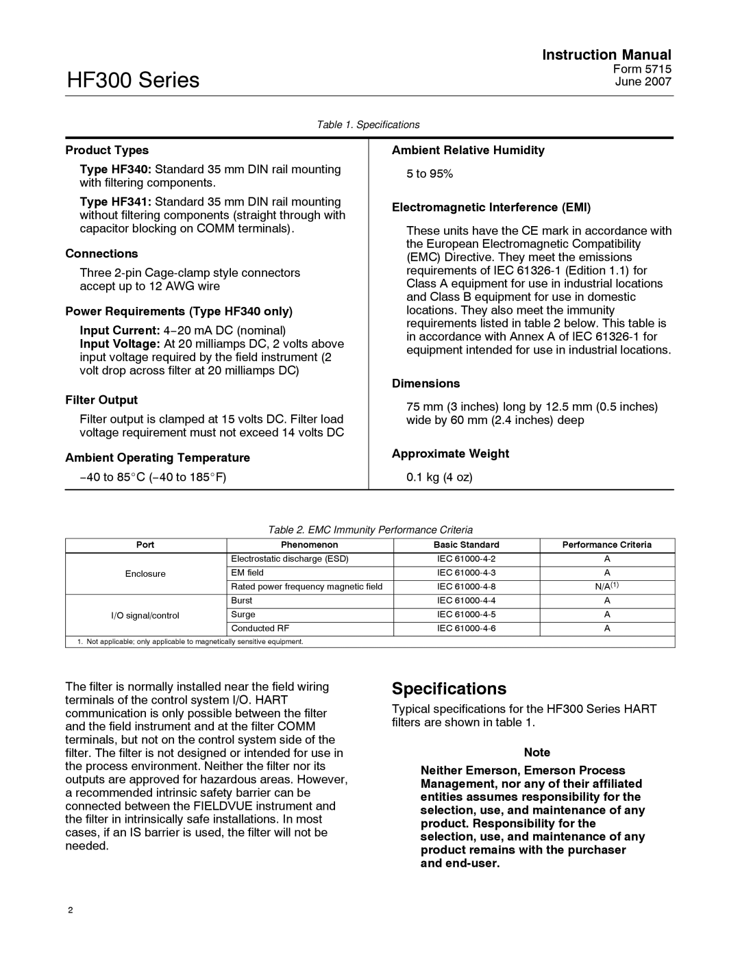 Emerson Process Management HF300 instruction manual Specifications, Product Types 