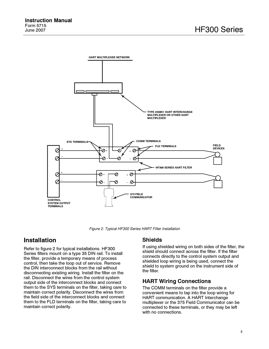 Emerson Process Management HF300 instruction manual Installation, Shields, Hart Wiring Connections 