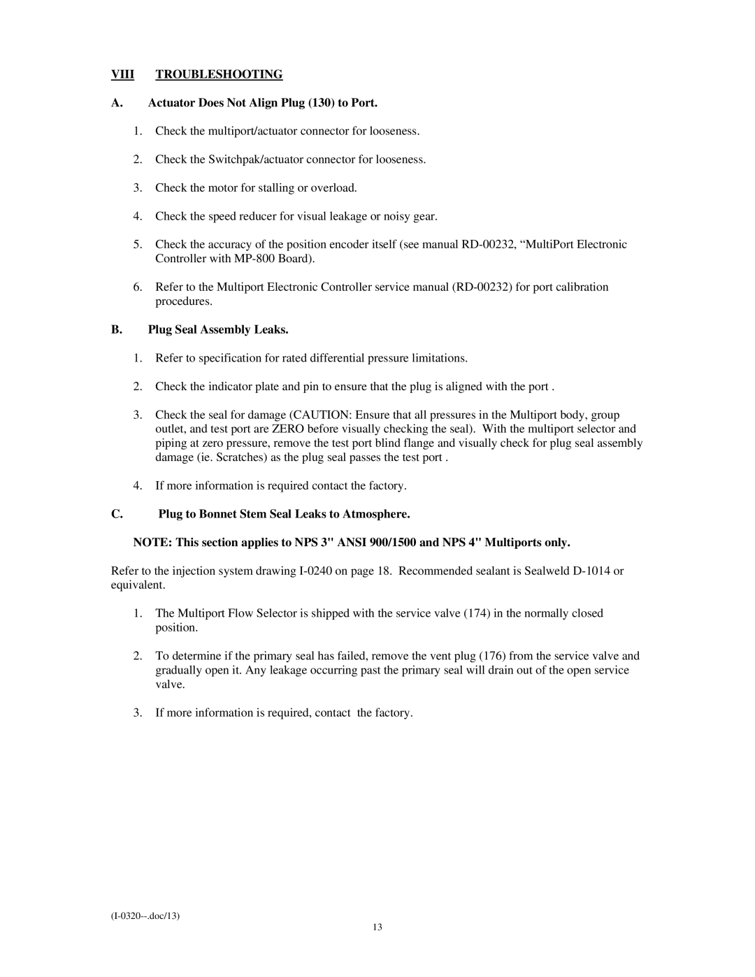 Emerson Process Management I-0320 Viii Troubleshooting, Actuator Does Not Align Plug 130 to Port, Plug Seal Assembly Leaks 
