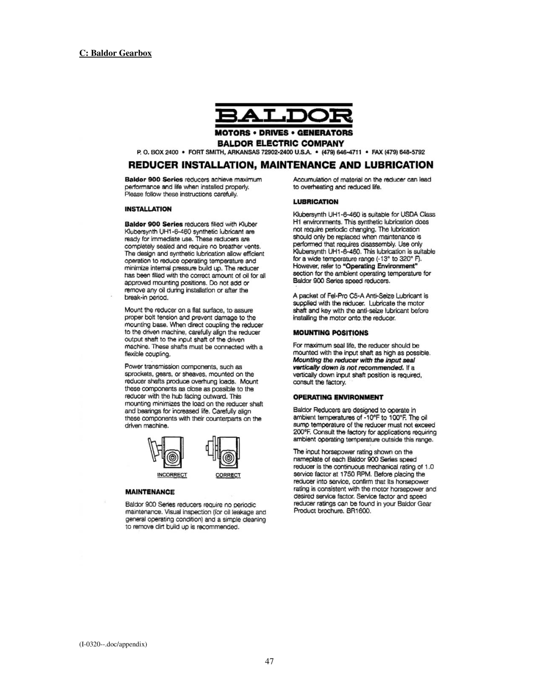 Emerson Process Management I-0320 service manual Baldor Gearbox 